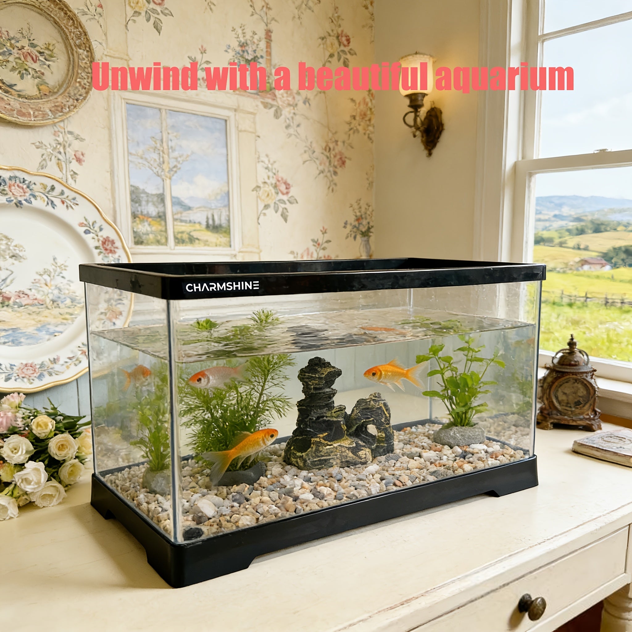 40cm\u002F15.67in Black and White Large Rectangular Aquarium, High-quality Voltage-free Acrylic Tank with Rockery Decoration. Ideal for Interior Decor, Fish Keeping, Hydroponics and Artistic Display, Also Suitable for Tortoises and Other Reptiles.