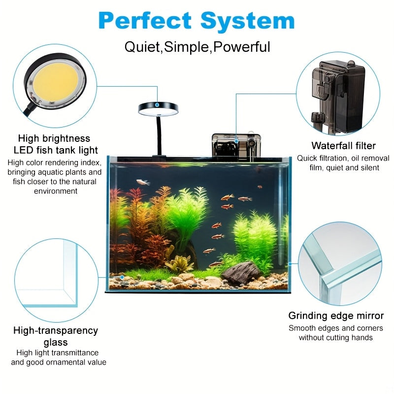 2.5 Gallon (Approx. 7.6L) Aquarium Kit-Ultra-Clear Frameless Desktop Fish Tank with Lighting, Filter, Gravel, And Rocks. Ideal for Small Fish, Shrimp, Or Betta. Full Version, Black
