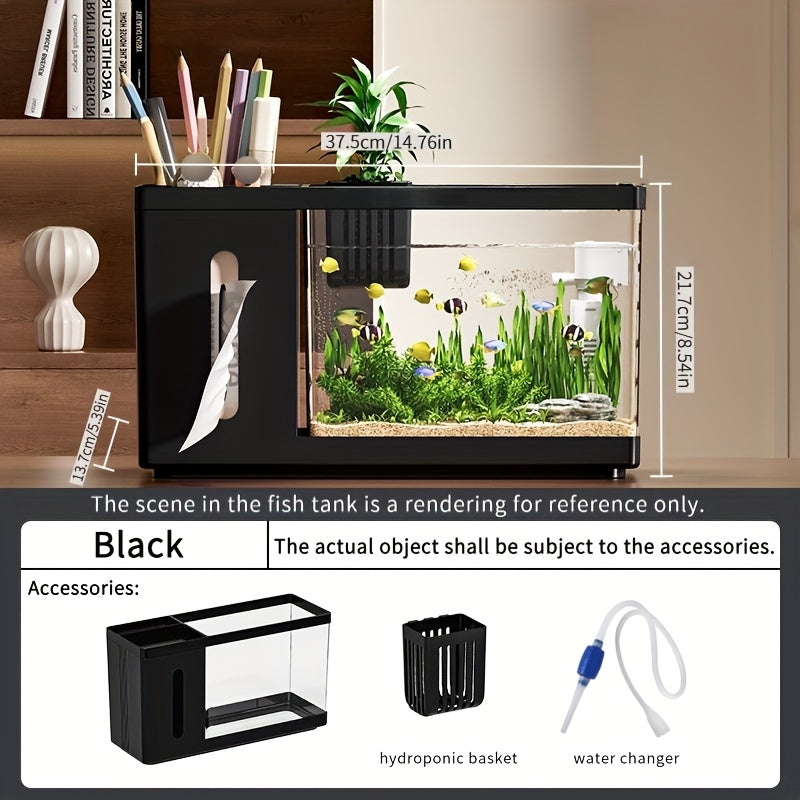 A Multifunctional Desktop Aquarium Storage Box, Featuring a Storage Compartment And a Tissue Box Holder, Modern Fish Tank Suitable for Office Or Home Decor, Minimalist Style Aquarium with a Hydroponic Basket And Water Changer