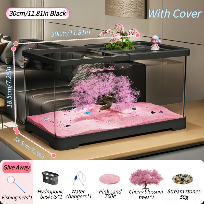 Cherry Blossom Tree & Pink Sand Base Desktop Aquarium | Decorative Fish Tank for Home & Office, Easy Maintenance, Made of PC - Life Declaration Brand