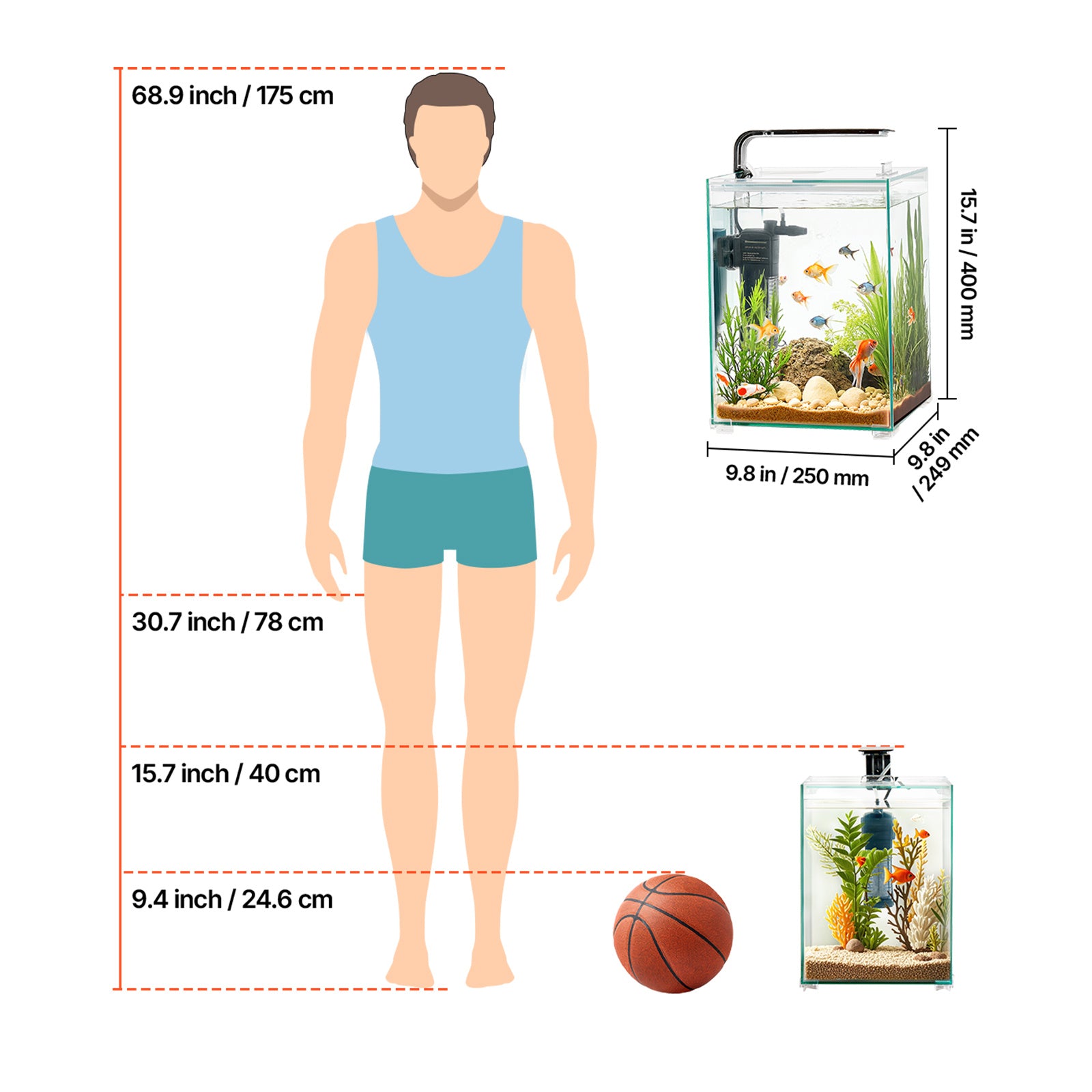 VEVOR Fish Tank Aquarium, 5 Gallon Square Ultra-Clear Glass Starter Smart Tank Adjustable 3 Color Lighting, Self Cleaning System Fishbowl for Freshwater & Saltwater Fish Home, Office, or Pet Use