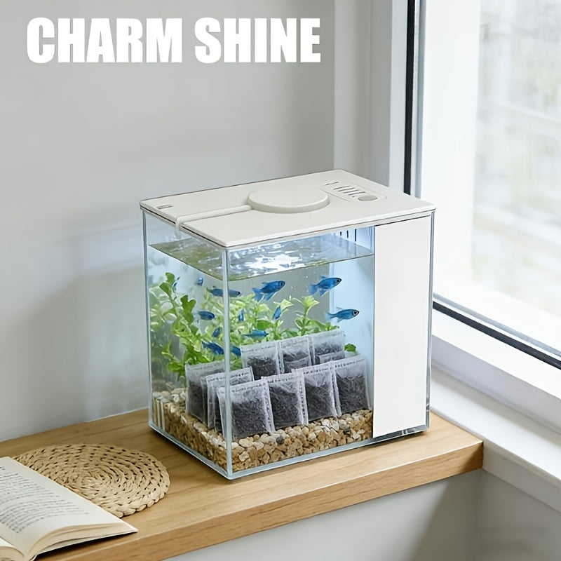 Desktop Intelligent Mini Fish Tank with Activated Carbon Filter, Transparent Aquarium Set with USB LED Lights, for Home Office Desktop Decor, Aquarium Lovers, Durable Pet Supplies, Filter Rods for Aquarium & Pond Water Purification
