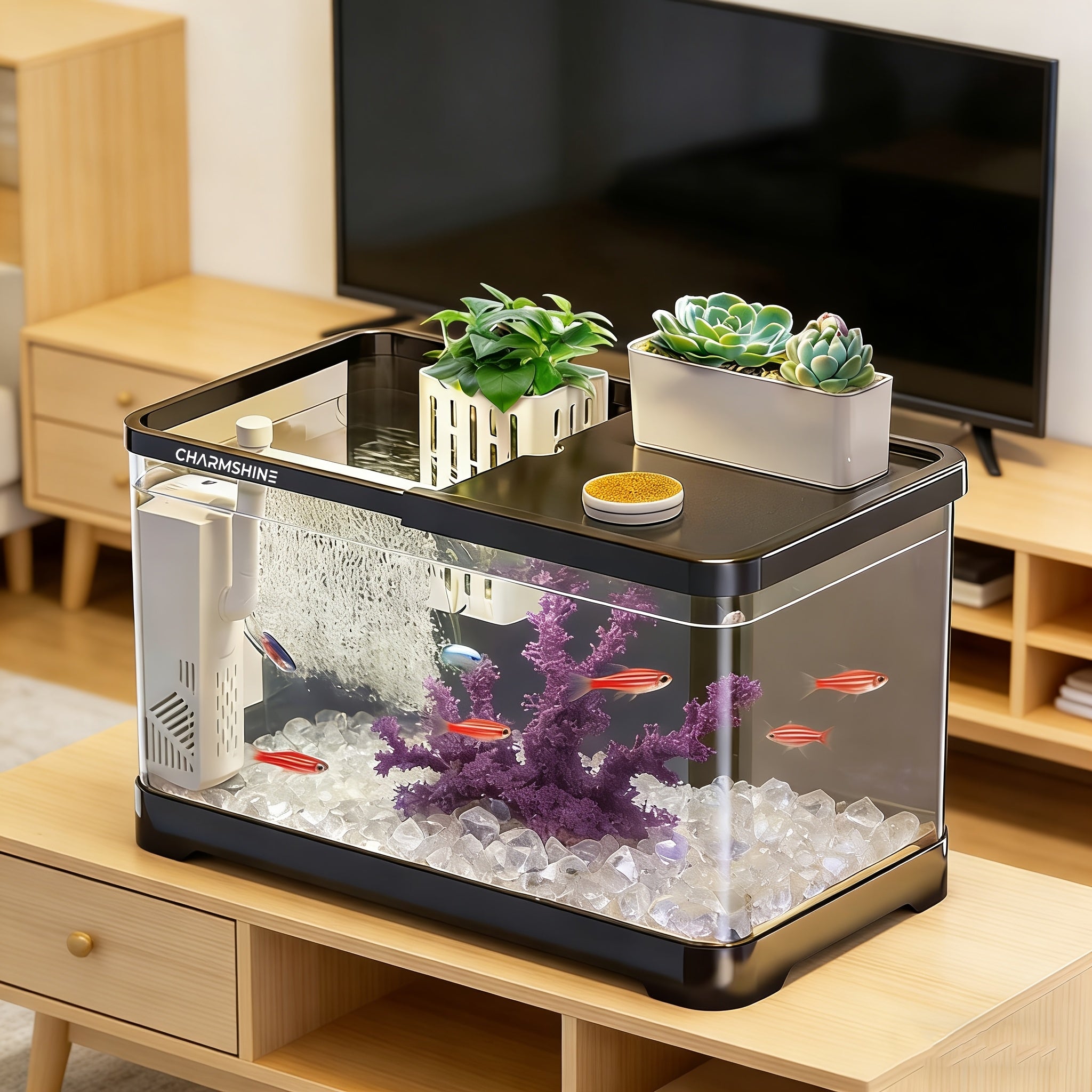 Compact Acrylic Aquarium Tank with Turtle Terrace - Rectangular Tabletop Fish Bowl Suitable for Turtles, Shrimp, Goldfish, Crabs, Frogs, Open Display for Home, Office, Room, Assembly & Maintenance, Transparent Fish Tank