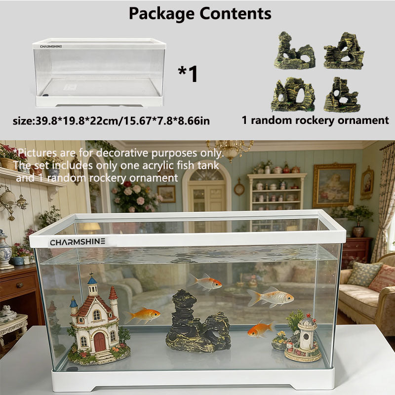 40cm\u002F15.67in Black and White Large Rectangular Aquarium, High-quality Voltage-free Acrylic Tank with Rockery Decoration. Ideal for Interior Decor, Fish Keeping, Hydroponics and Artistic Display, Also Suitable for Tortoises and Other Reptiles.