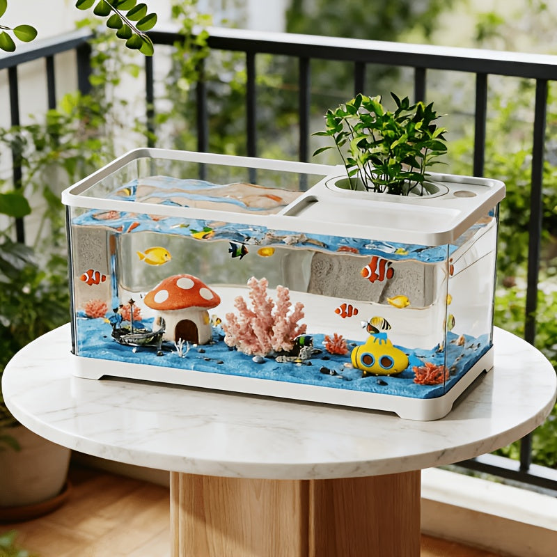 Home Aquarium for Small to Medium-Sized Ecological Landscaping, Featuring High Transparency, Ultra-Clear Turtle Tank with Planting Basket And Lid, Stream Tank, And Goldfish Tank