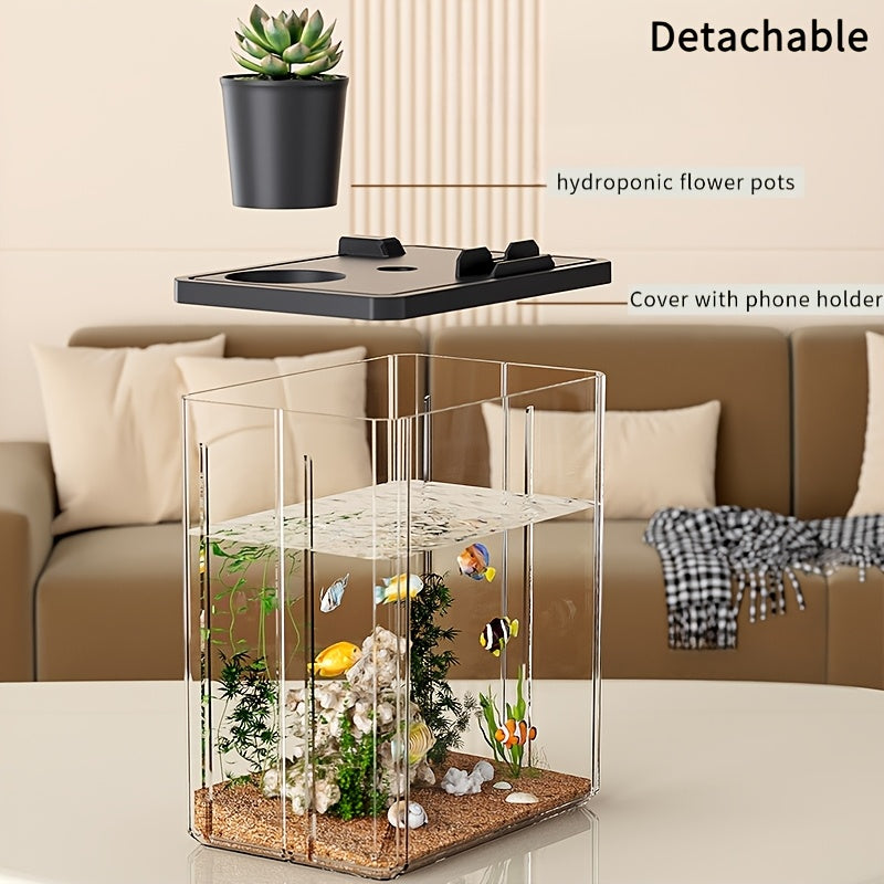 Black\u002FWhite Transparent Acrylic All-in-One Indoor Aquarium Fish Tank with Detachable Hydroponic Planter & Phone Holder Lid, Feeding Hole, Water Plant Basket for Home Office Decor