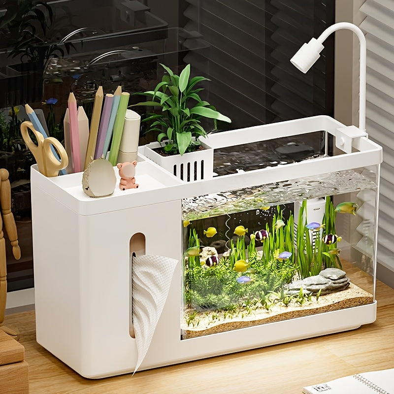 A Multifunctional Desktop Aquarium Storage Box, Featuring a Storage Compartment And a Tissue Box Holder, Modern Fish Tank Suitable for Office Or Home Decor, Minimalist Style Aquarium with a Hydroponic Basket And Water Changer