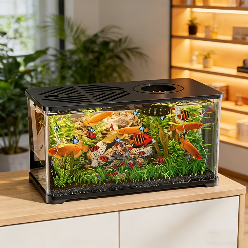 Life Declaration Dual-Color Black\u002FWhite Transparent Aquarium & Turtle Tank with Sunbathing Platform & Plant Pot - Multifunctional Fish Tank Suitable for Betta Fish, Goldfish, Turtles, Reptiles Habitat, Compact for Small Pets, Plantable Ecosystem