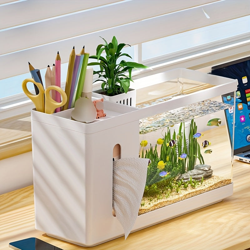 A Multifunctional Desktop Aquarium Storage Box, Featuring a Storage Compartment And a Tissue Box Holder, Modern Fish Tank Suitable for Office Or Home Decor, Minimalist Style Aquarium with a Hydroponic Basket And Water Changer