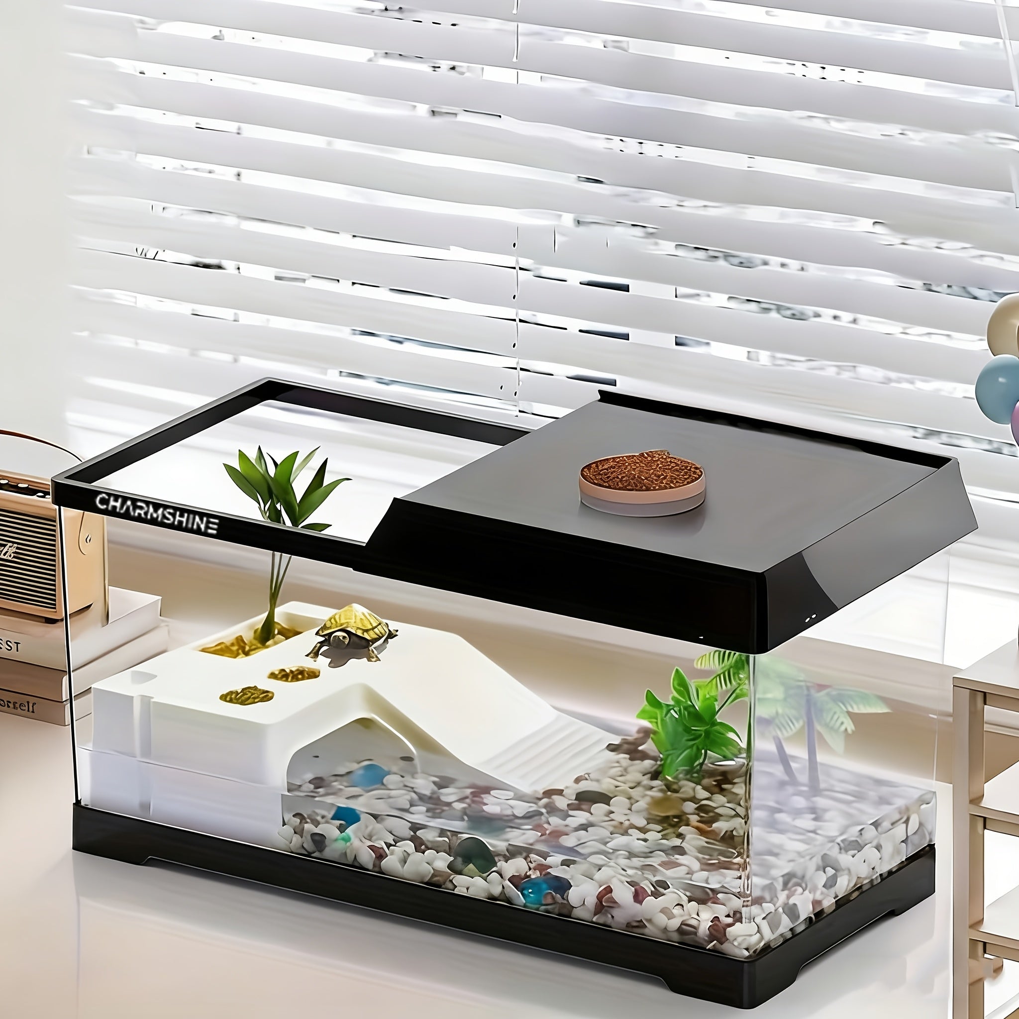 Compact Acrylic Aquarium Tank with Turtle Terrace - Rectangular Tabletop Fish Bowl Suitable for Turtles, Shrimp, Goldfish, Crabs, Frogs, Open Display for Home, Office, Room, Assembly & Maintenance, Transparent Fish Tank