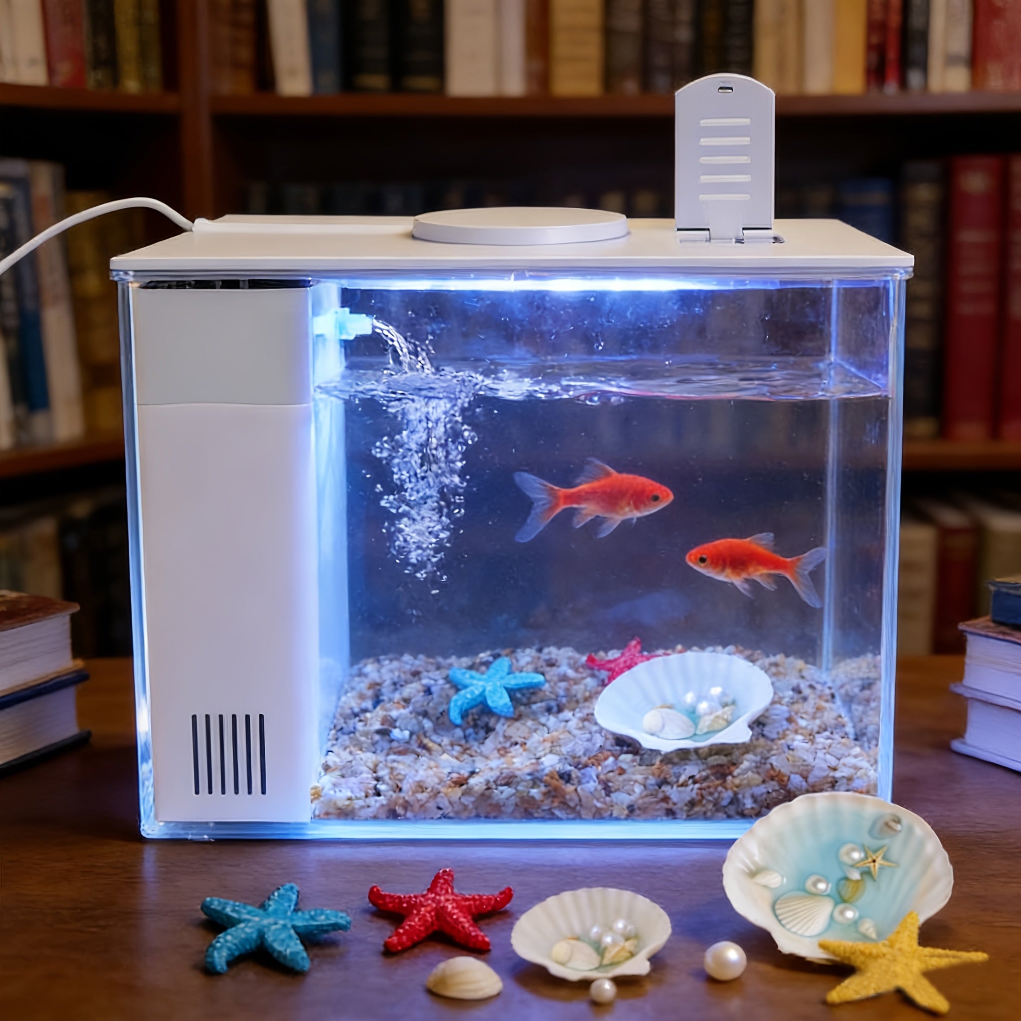 Smart LED Aquarium Kit - Featuring a USB Charging Port And Cleaning Technology, Suitable for Small Fish Tanks in Homes, Bedrooms, And Office Desks, Equipped with a Water Pump, Aquarium Light, And Resin Decorative Ornaments