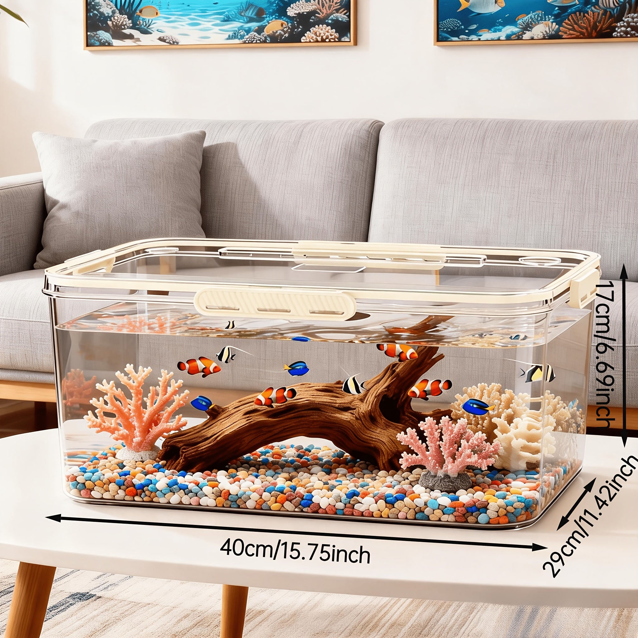 Multi-Functional High-Transparency Aquarium – Small Fish Tank with Sealed Beige Lid, Multi-Size Desktop Tank for Home Office, Space-Saving for Small Fish Reptiles Hamsters, Durable Pet Tank for Desktop Decor & Pet Keeping