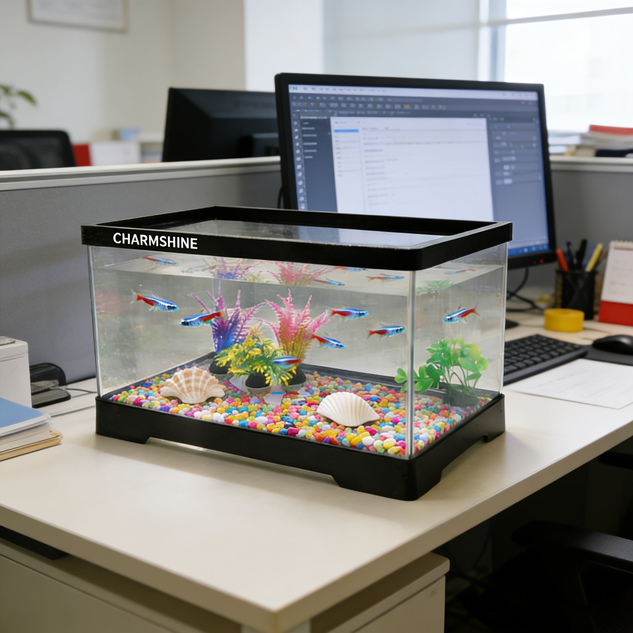 Compact Acrylic Aquarium Tank with Turtle Terrace - Rectangular Tabletop Fish Bowl Suitable for Turtles, Shrimp, Goldfish, Crabs, Frogs, Open Display for Home, Office, Room, Assembly & Maintenance, Transparent Fish Tank