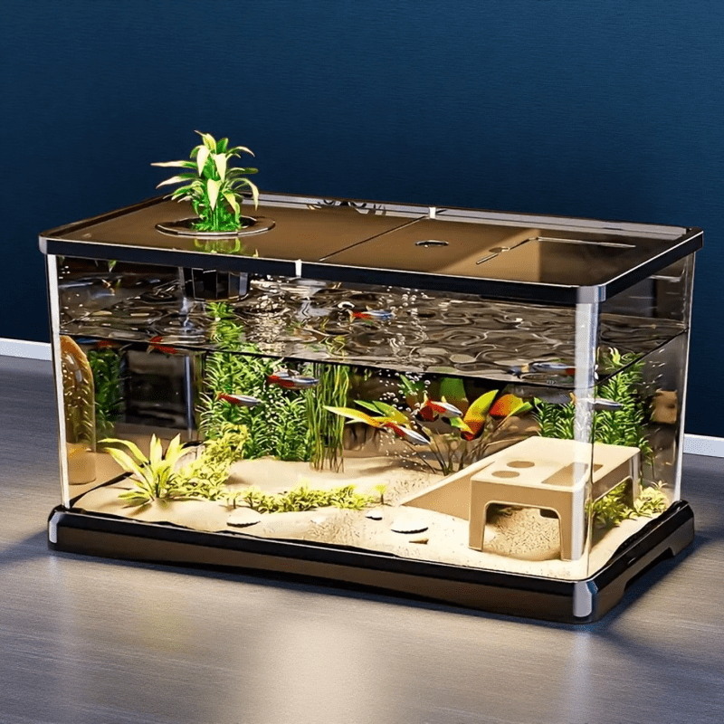 A Large Transparent Square Fish Tank with a Lid, Featuring a Sturdy Rectangular Structure And Sealed Edges. The Open Top Allows for Easy Cleaning, Making It Suitable for Raising Ornamental Fish, Turtles, And Aquatic Plants