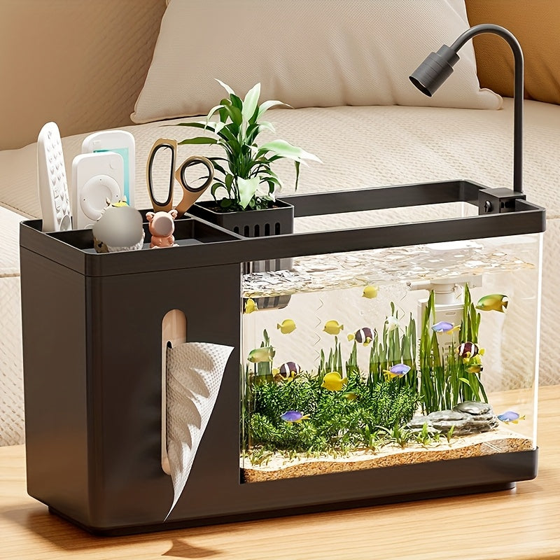 A Multifunctional Desktop Aquarium Storage Box, Featuring a Storage Compartment And a Tissue Box Holder, Modern Fish Tank Suitable for Office Or Home Decor, Minimalist Style Aquarium with a Hydroponic Basket And Water Changer