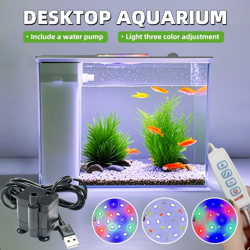 Smart LED Aquarium Kit - Featuring a USB Charging Port And Cleaning Technology, Suitable for Small Fish Tanks in Homes, Bedrooms, And Office Desks, Equipped with a Water Pump, Aquarium Light, And Resin Decorative Ornaments