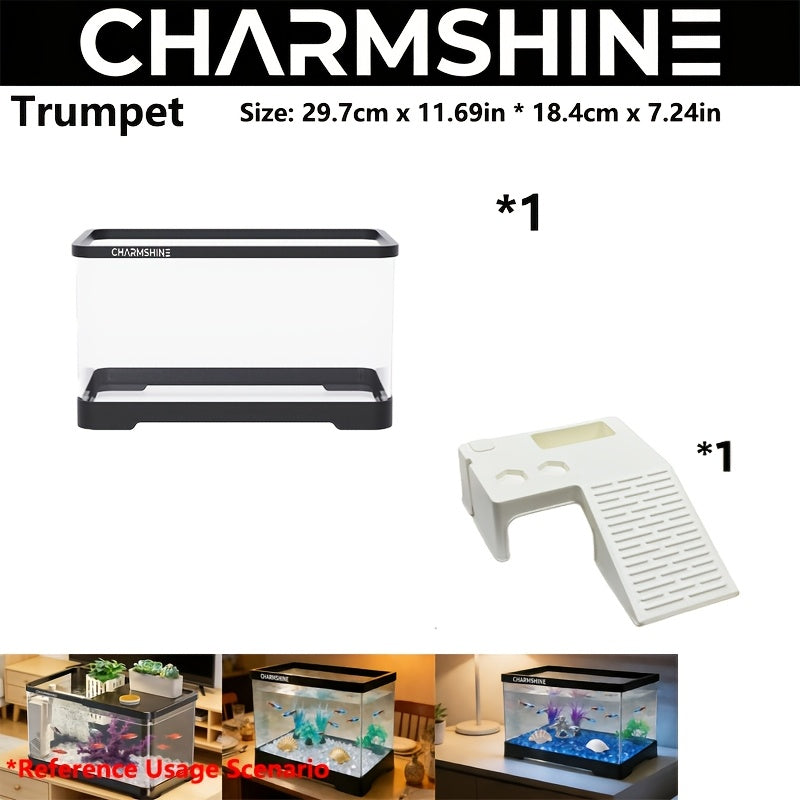 Compact Acrylic Aquarium Tank with Turtle Terrace - Rectangular Tabletop Fish Bowl Suitable for Turtles, Shrimp, Goldfish, Crabs, Frogs, Open Display for Home, Office, Room, Assembly & Maintenance, Transparent Fish Tank