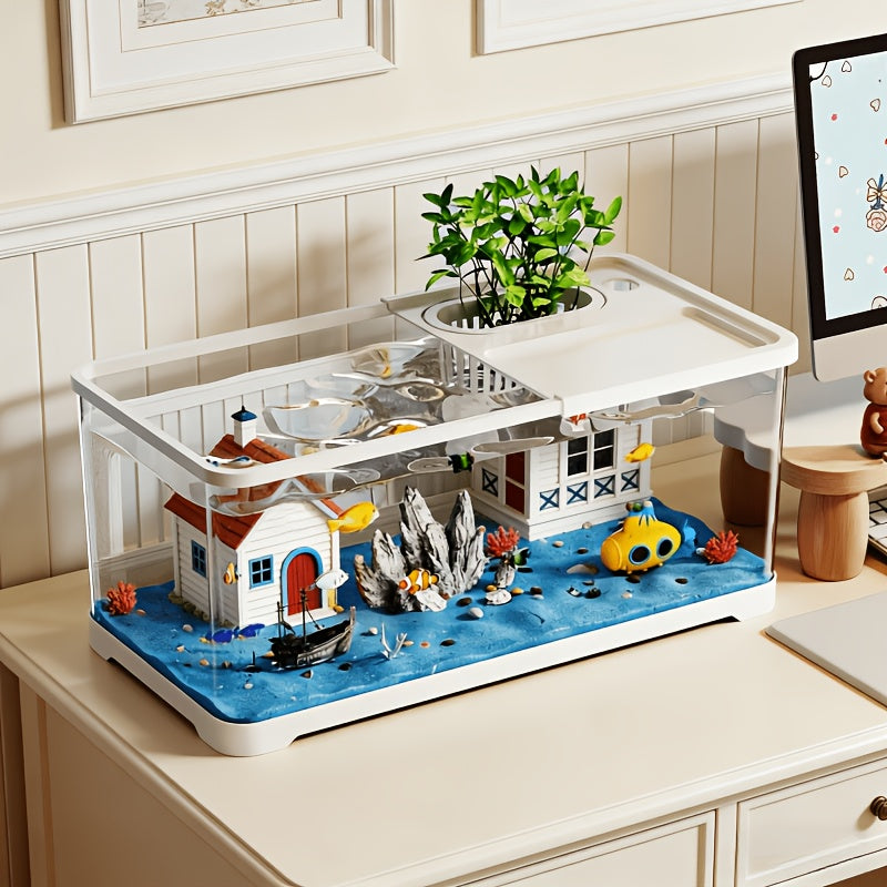 Home Aquarium for Small to Medium-Sized Ecological Landscaping, Featuring High Transparency, Ultra-Clear Turtle Tank with Planting Basket And Lid, Stream Tank, And Goldfish Tank