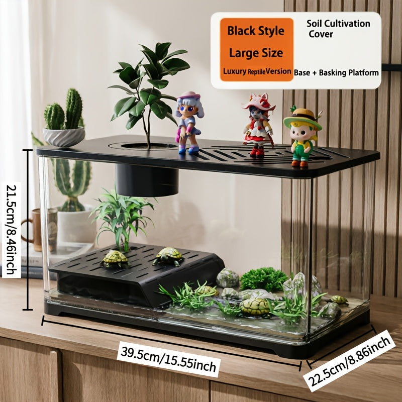 Life Declaration Dual-Color Black\u002FWhite Transparent Aquarium & Turtle Tank with Sunbathing Platform & Plant Pot - Multifunctional Fish Tank Suitable for Betta Fish, Goldfish, Turtles, Reptiles Habitat, Compact for Small Pets, Plantable Ecosystem