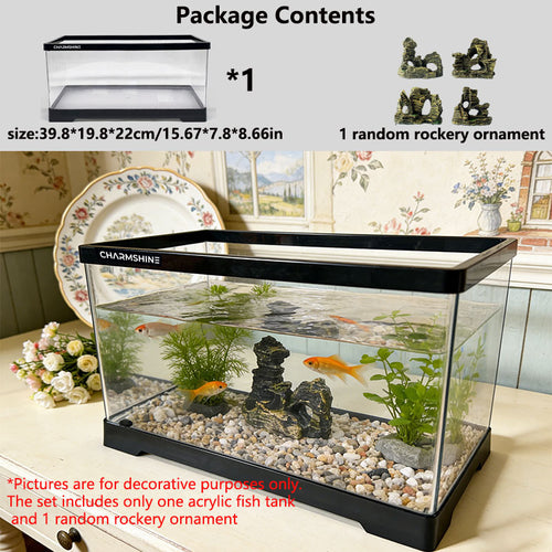 40cm\u002F15.67in Black and White Large Rectangular Aquarium, High-quality Voltage-free Acrylic Tank with Rockery Decoration. Ideal for Interior Decor, Fish Keeping, Hydroponics and Artistic Display, Also Suitable for Tortoises and Other Reptiles.