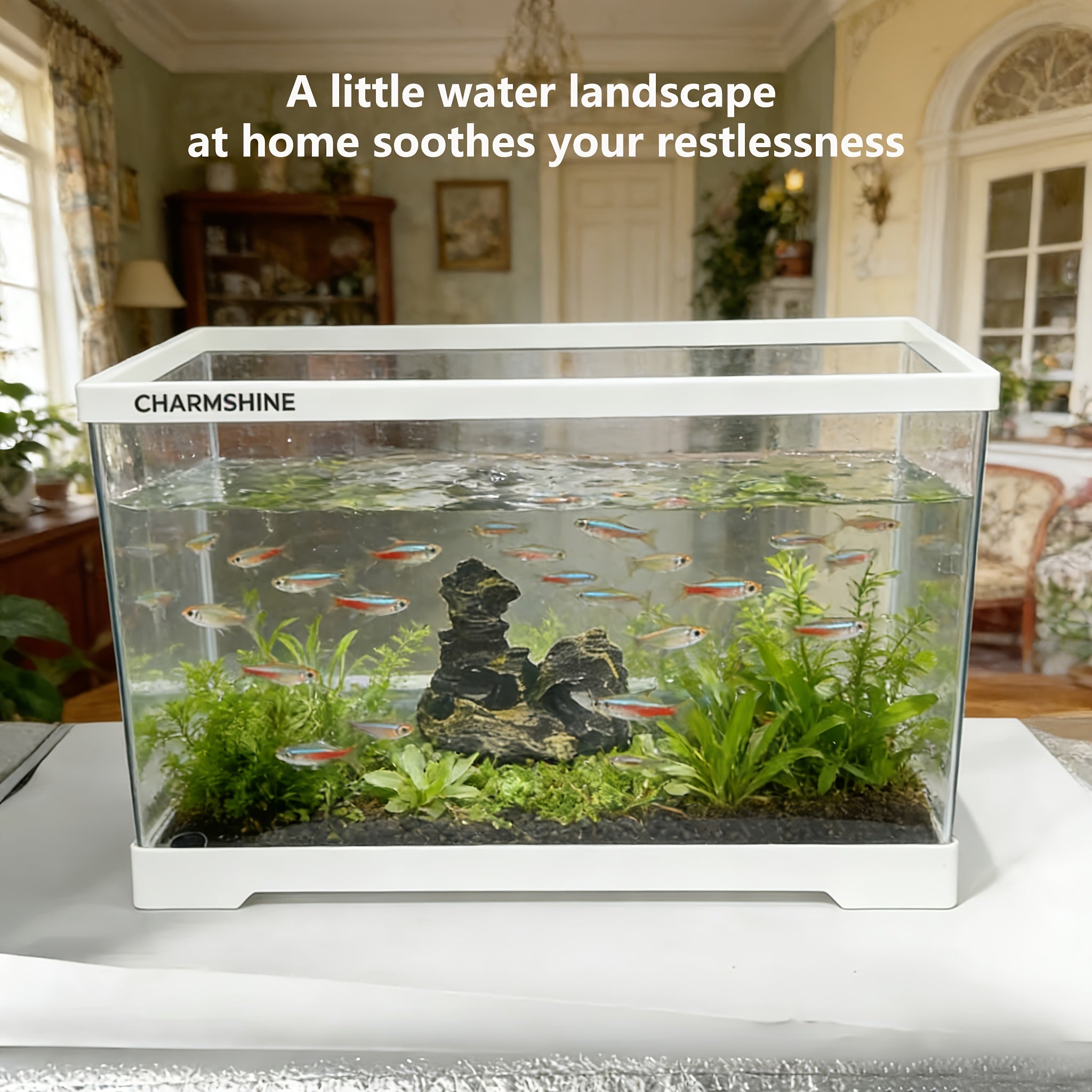 40cm\u002F15.67in Black and White Large Rectangular Aquarium, High-quality Voltage-free Acrylic Tank with Rockery Decoration. Ideal for Interior Decor, Fish Keeping, Hydroponics and Artistic Display, Also Suitable for Tortoises and Other Reptiles.