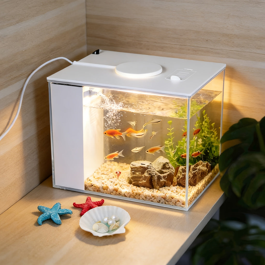 Smart LED Aquarium Kit - Featuring a USB Charging Port And Cleaning Technology, Suitable for Small Fish Tanks in Homes, Bedrooms, And Office Desks, Equipped with a Water Pump, Aquarium Light, And Resin Decorative Ornaments