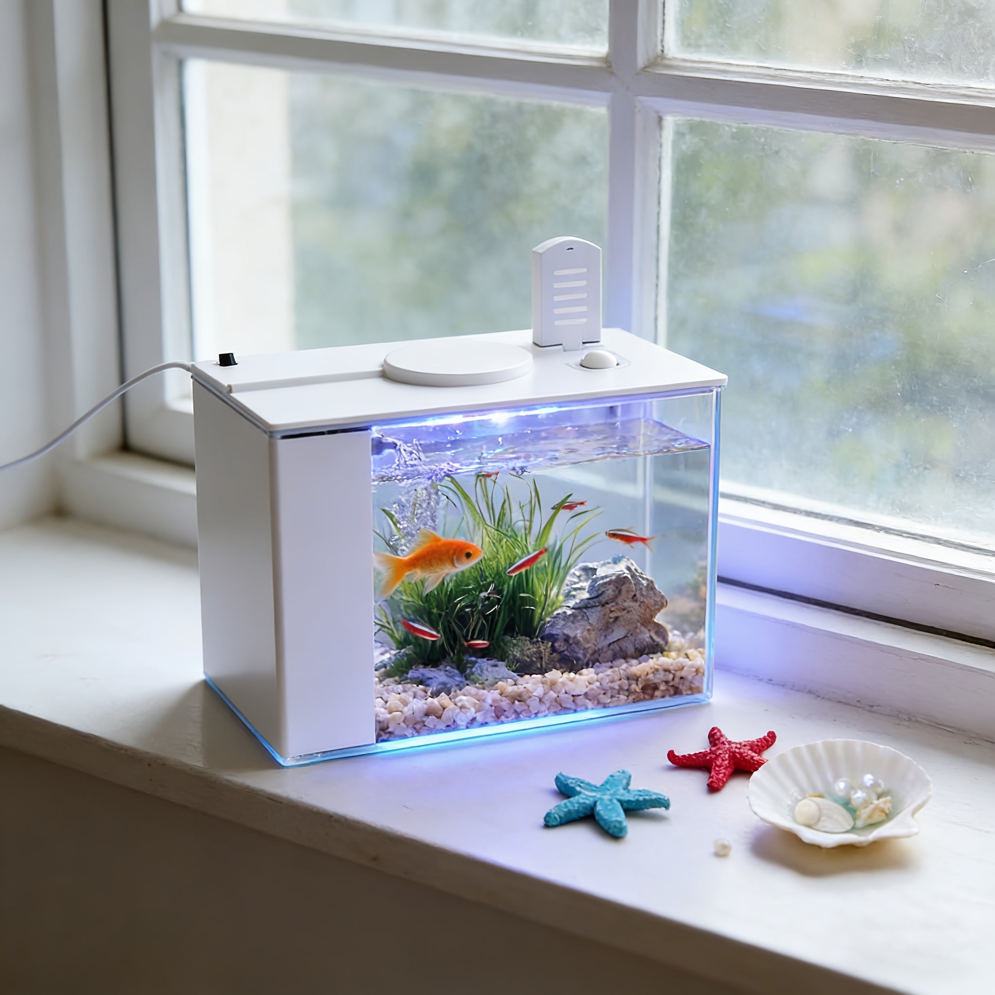 Smart LED Aquarium Kit - Featuring a USB Charging Port And Cleaning Technology, Suitable for Small Fish Tanks in Homes, Bedrooms, And Office Desks, Equipped with a Water Pump, Aquarium Light, And Resin Decorative Ornaments