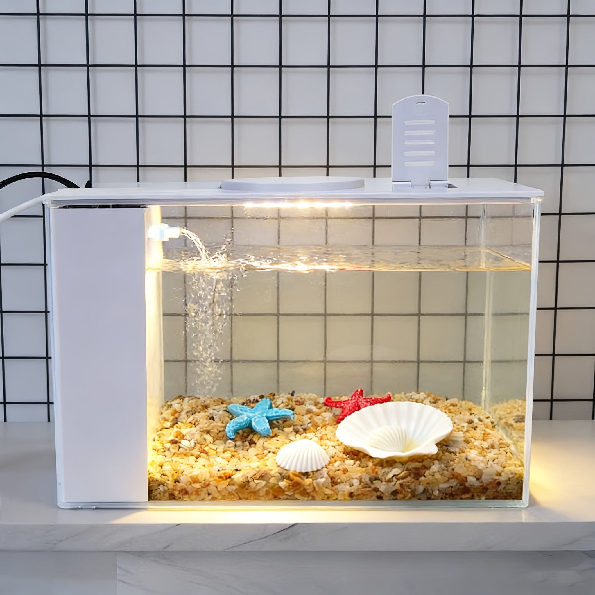 Smart LED Aquarium Kit - Featuring a USB Charging Port And Cleaning Technology, Suitable for Small Fish Tanks in Homes, Bedrooms, And Office Desks, Equipped with a Water Pump, Aquarium Light, And Resin Decorative Ornaments