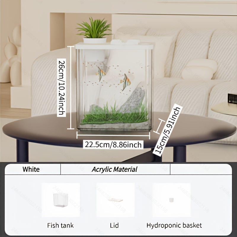 Black\u002FWhite Transparent Acrylic All-in-One Indoor Aquarium Fish Tank with Detachable Hydroponic Planter & Phone Holder Lid, Feeding Hole, Water Plant Basket for Home Office Decor