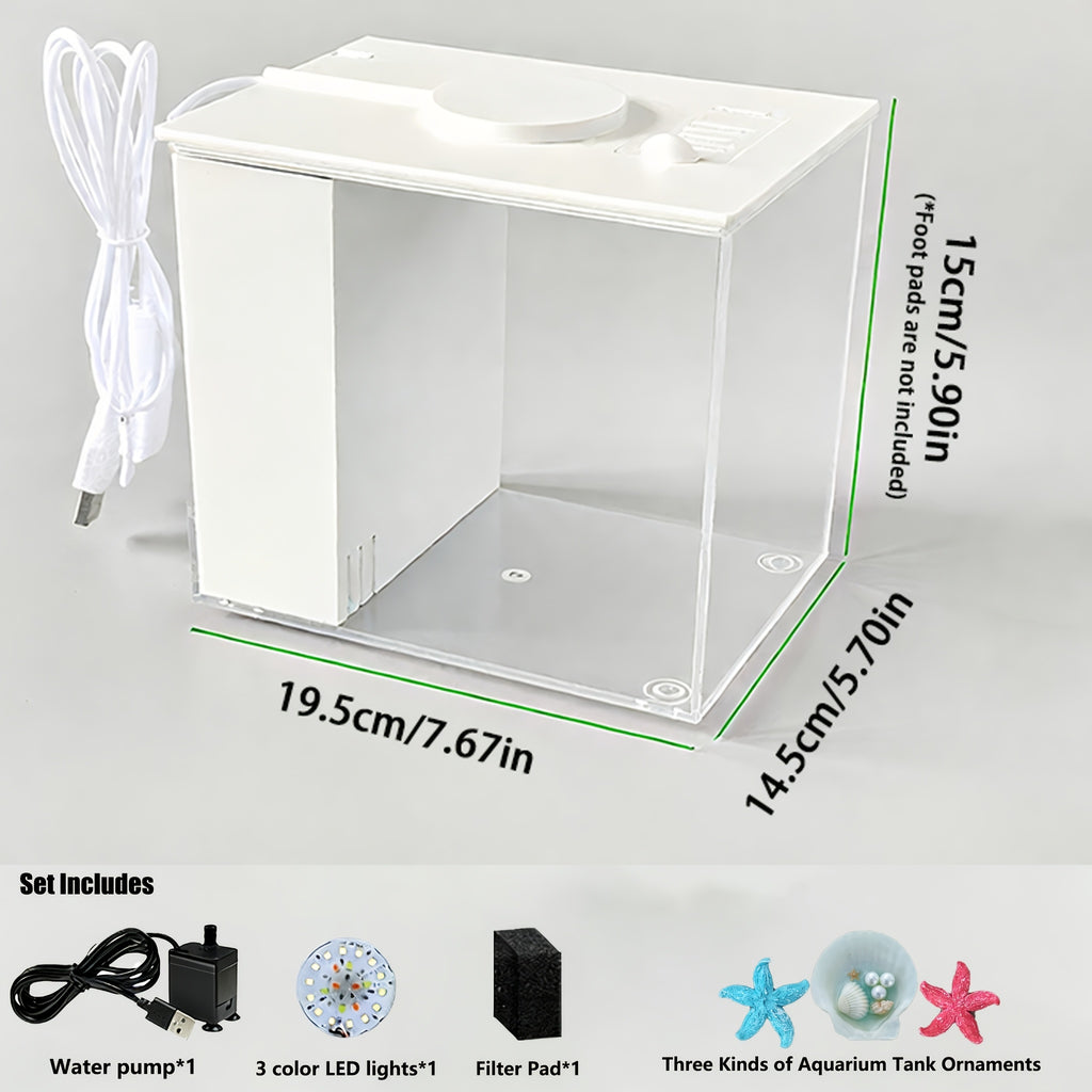 Smart LED Aquarium Kit - Featuring a USB Charging Port And Cleaning Technology, Suitable for Small Fish Tanks in Homes, Bedrooms, And Office Desks, Equipped with a Water Pump, Aquarium Light, And Resin Decorative Ornaments
