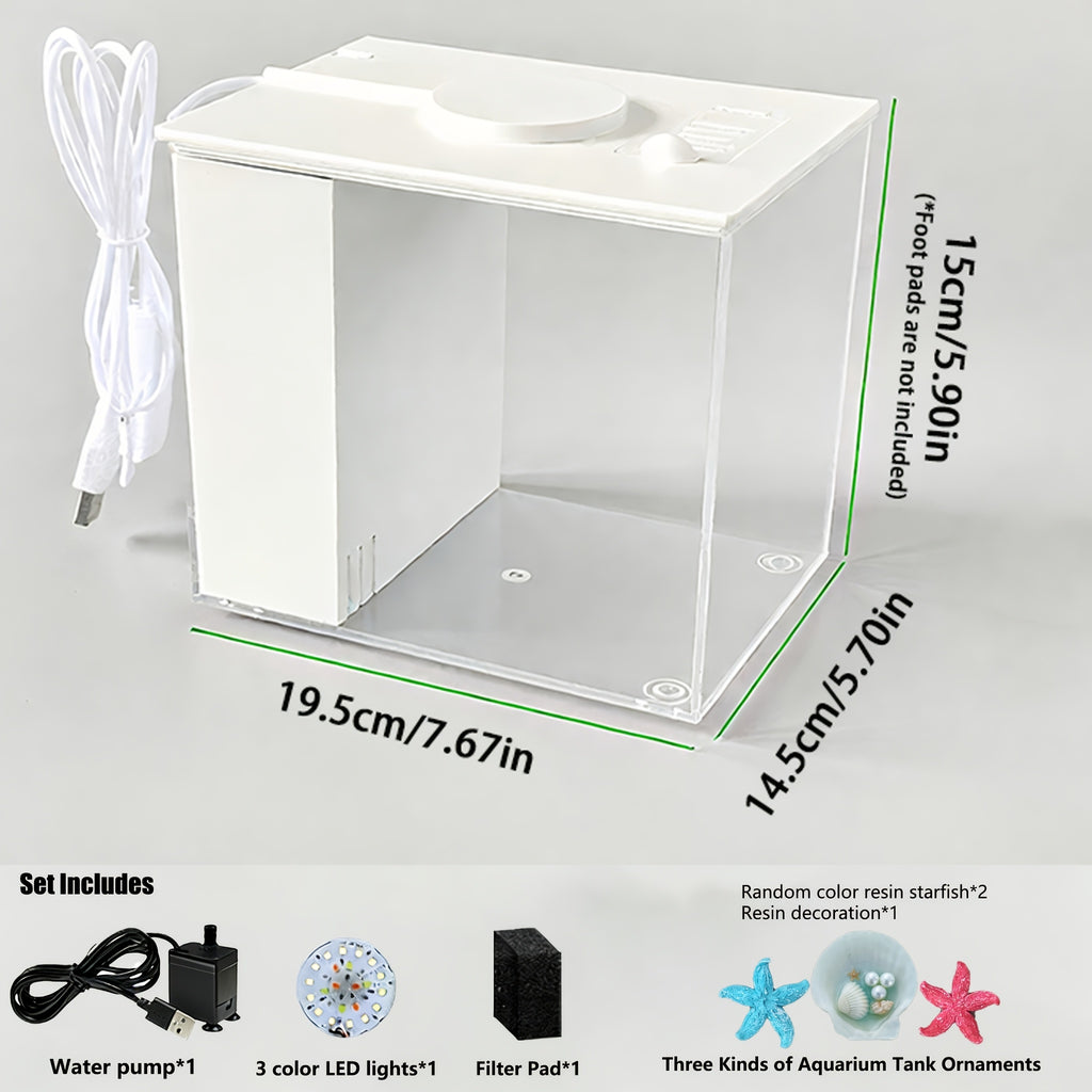 Smart LED Aquarium Kit - Featuring a USB Charging Port And Cleaning Technology, Suitable for Small Fish Tanks in Homes, Bedrooms, And Office Desks, Equipped with a Water Pump, Aquarium Light, And Resin Decorative Ornaments