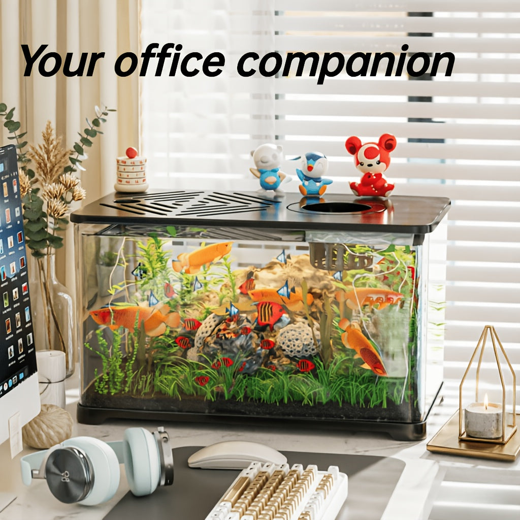 Life Declaration Dual-Color Black\u002FWhite Transparent Aquarium & Turtle Tank with Sunbathing Platform & Plant Pot - Multifunctional Fish Tank Suitable for Betta Fish, Goldfish, Turtles, Reptiles Habitat, Compact for Small Pets, Plantable Ecosystem