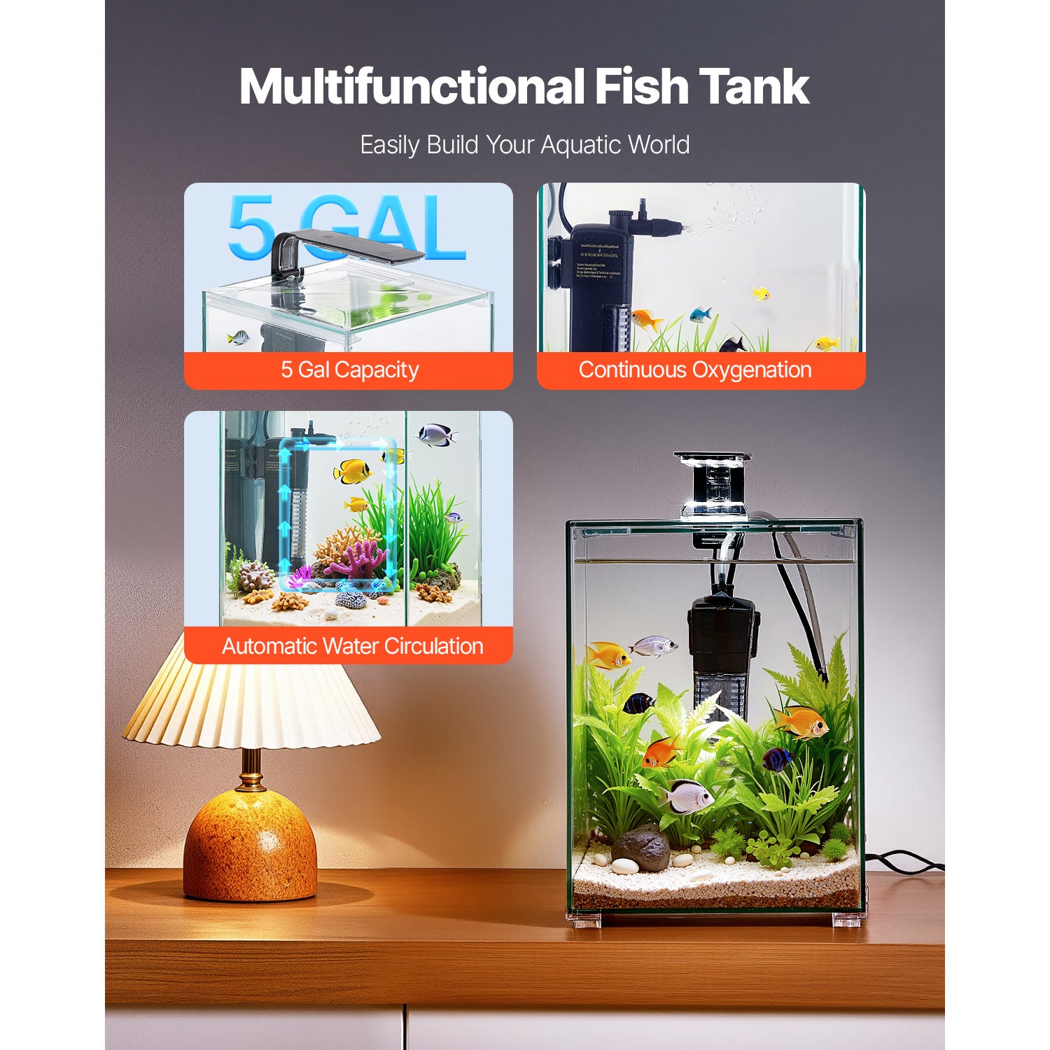 VEVOR Fish Tank Aquarium, 5 Gallon Square Ultra-Clear Glass Starter Smart Tank Adjustable 3 Color Lighting, Self Cleaning System Fishbowl for Freshwater & Saltwater Fish Home, Office, or Pet Use