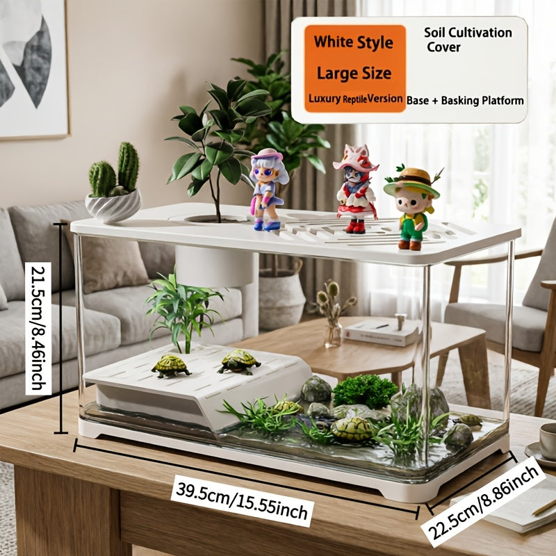 Life Declaration Dual-Color Black\u002FWhite Transparent Aquarium & Turtle Tank with Sunbathing Platform & Plant Pot - Multifunctional Fish Tank Suitable for Betta Fish, Goldfish, Turtles, Reptiles Habitat, Compact for Small Pets, Plantable Ecosystem
