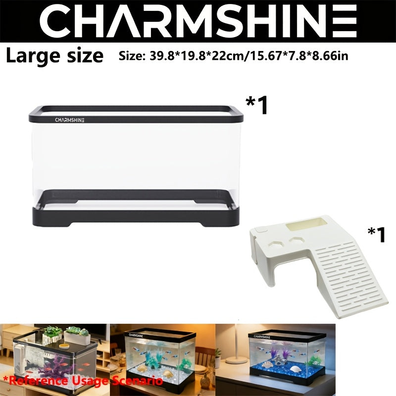 Compact Acrylic Aquarium Tank with Turtle Terrace - Rectangular Tabletop Fish Bowl Suitable for Turtles, Shrimp, Goldfish, Crabs, Frogs, Open Display for Home, Office, Room, Assembly & Maintenance, Transparent Fish Tank