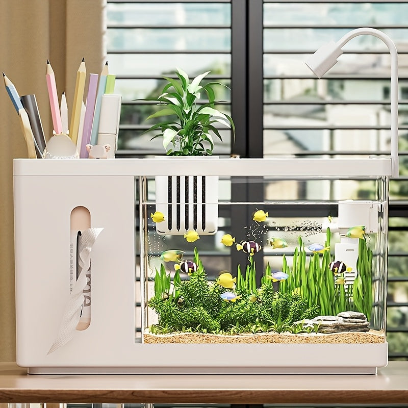 A Multifunctional Desktop Aquarium Storage Box, Featuring a Storage Compartment And a Tissue Box Holder, Modern Fish Tank Suitable for Office Or Home Decor, Minimalist Style Aquarium with a Hydroponic Basket And Water Changer