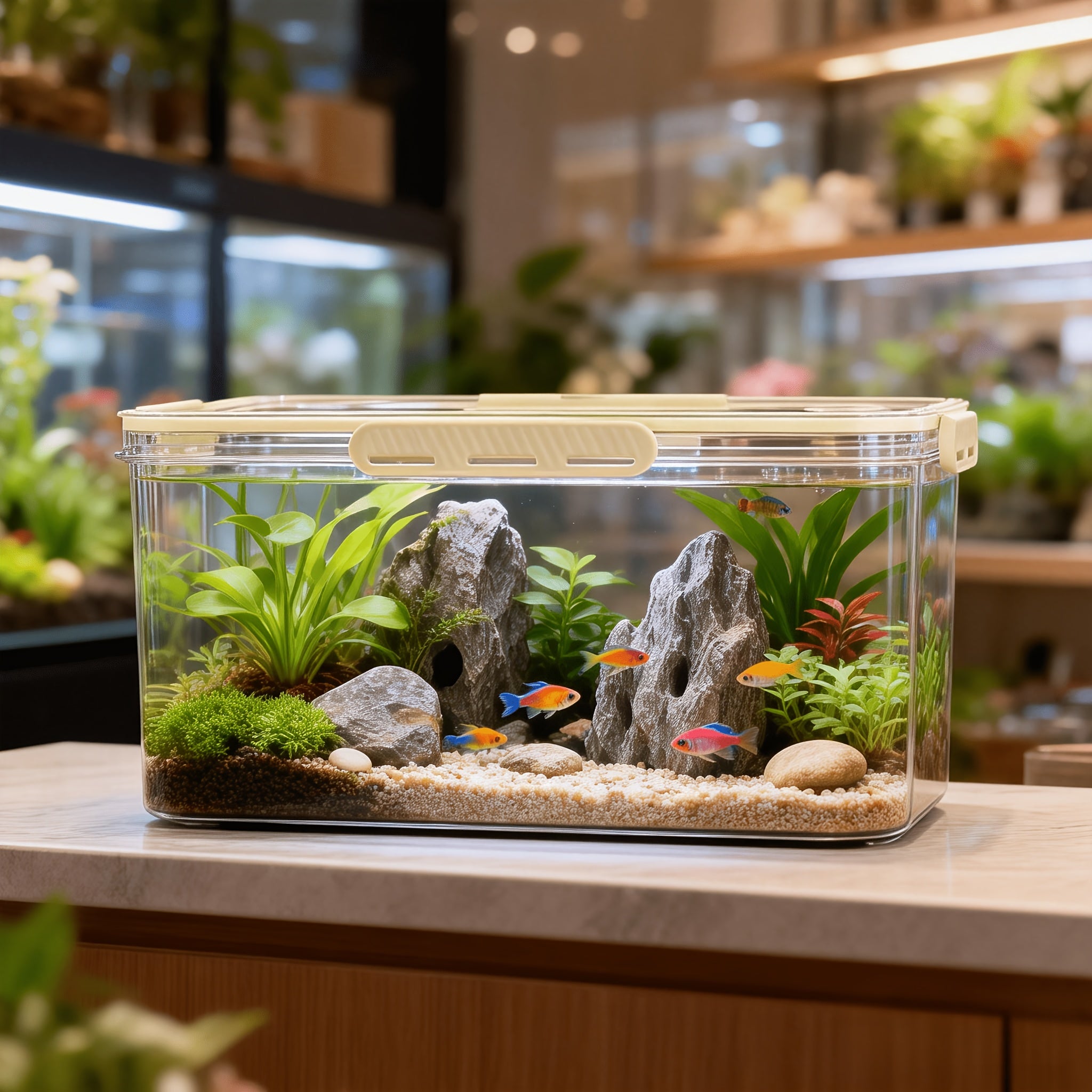Multi-Functional High-Transparency Aquarium – Small Fish Tank with Sealed Beige Lid, Multi-Size Desktop Tank for Home Office, Space-Saving for Small Fish Reptiles Hamsters, Durable Pet Tank for Desktop Decor & Pet Keeping