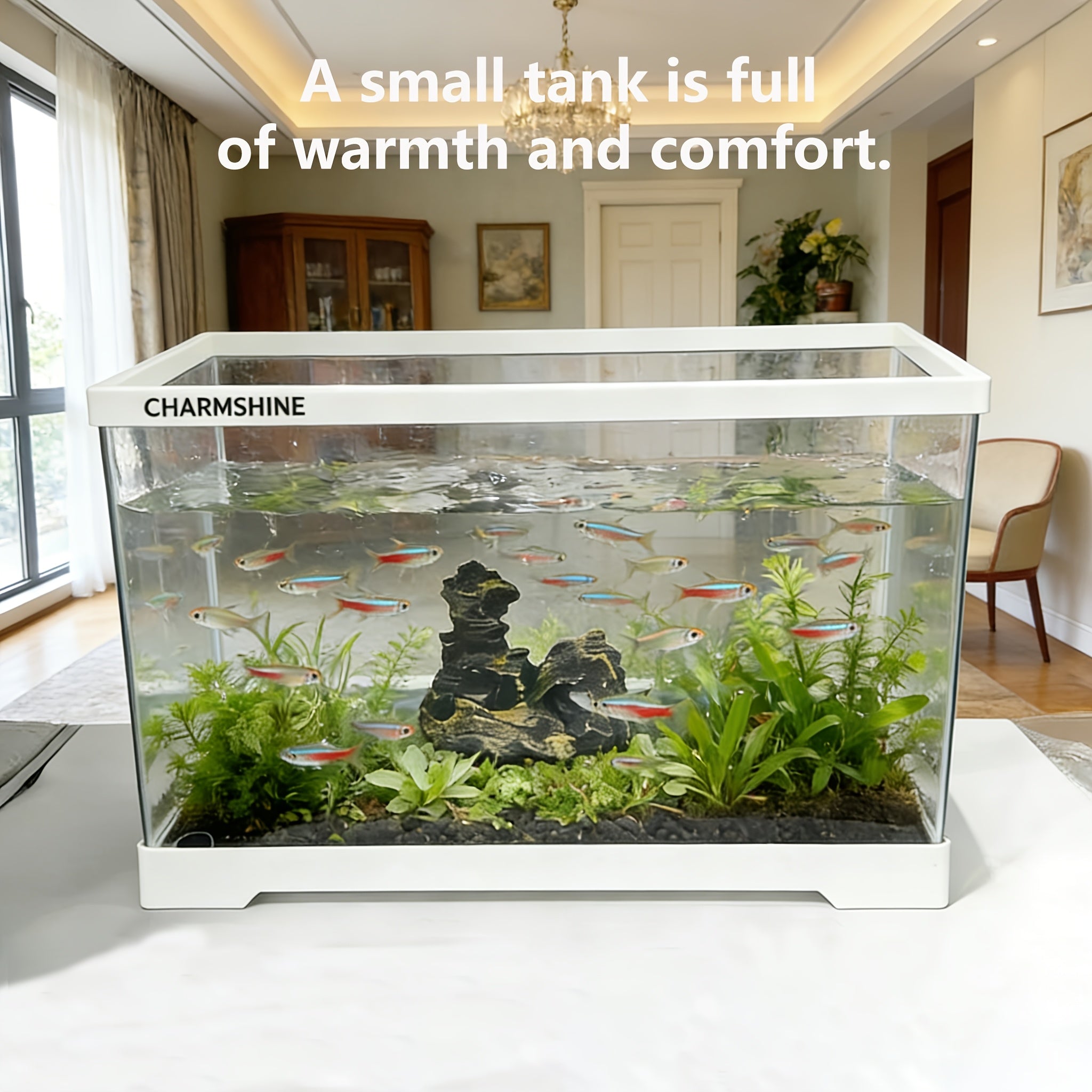 40cm\u002F15.67in Black and White Large Rectangular Aquarium, High-quality Voltage-free Acrylic Tank with Rockery Decoration. Ideal for Interior Decor, Fish Keeping, Hydroponics and Artistic Display, Also Suitable for Tortoises and Other Reptiles.