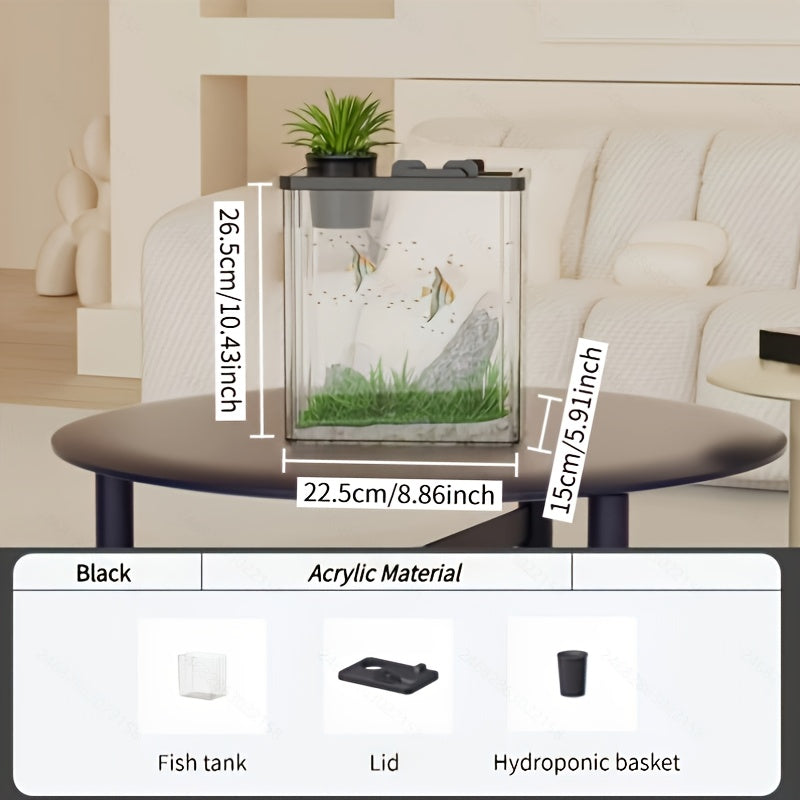 Black\u002FWhite Transparent Acrylic All-in-One Indoor Aquarium Fish Tank with Detachable Hydroponic Planter & Phone Holder Lid, Feeding Hole, Water Plant Basket for Home Office Decor