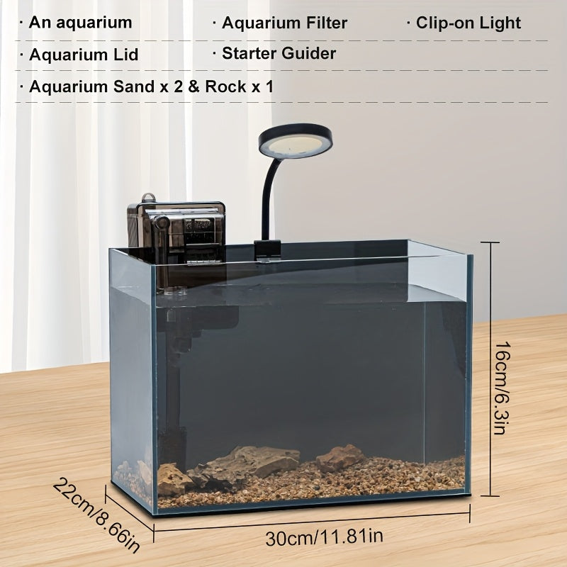 2.5 Gallon (Approx. 7.6L) Aquarium Kit-Ultra-Clear Frameless Desktop Fish Tank with Lighting, Filter, Gravel, And Rocks. Ideal for Small Fish, Shrimp, Or Betta. Full Version, Black