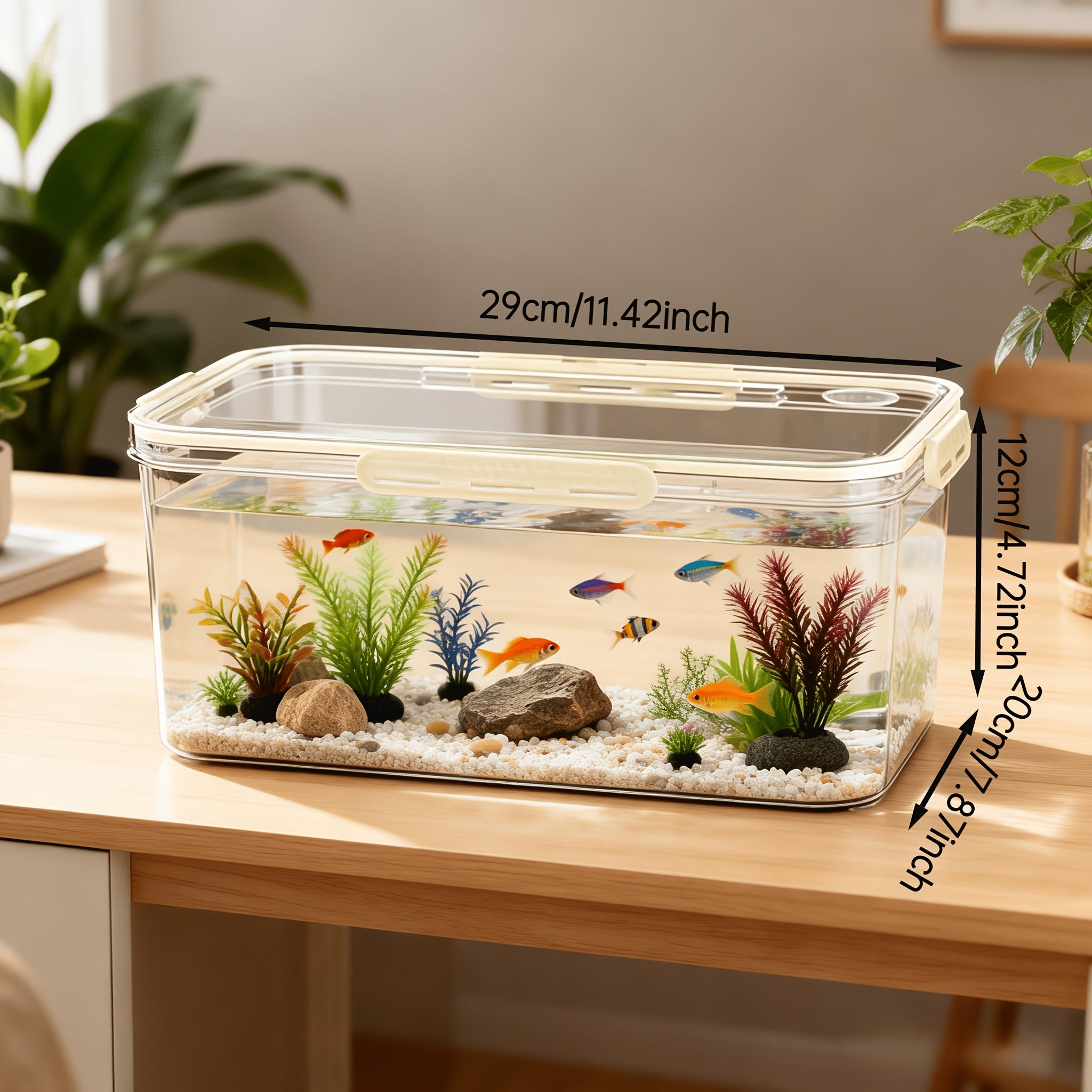 Multi-Functional High-Transparency Aquarium – Small Fish Tank with Sealed Beige Lid, Multi-Size Desktop Tank for Home Office, Space-Saving for Small Fish Reptiles Hamsters, Durable Pet Tank for Desktop Decor & Pet Keeping