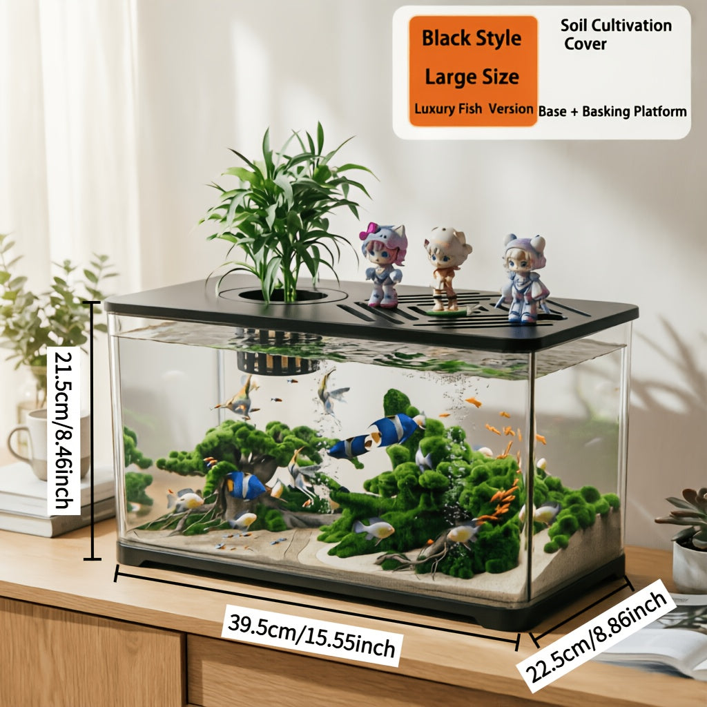 Life Declaration Dual-Color Black\u002FWhite Transparent Aquarium & Turtle Tank with Sunbathing Platform & Plant Pot - Multifunctional Fish Tank Suitable for Betta Fish, Goldfish, Turtles, Reptiles Habitat, Compact for Small Pets, Plantable Ecosystem