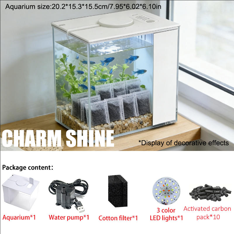 Desktop Intelligent Mini Fish Tank with Activated Carbon Filter, Transparent Aquarium Set with USB LED Lights, for Home Office Desktop Decor, Aquarium Lovers, Durable Pet Supplies, Filter Rods for Aquarium & Pond Water Purification