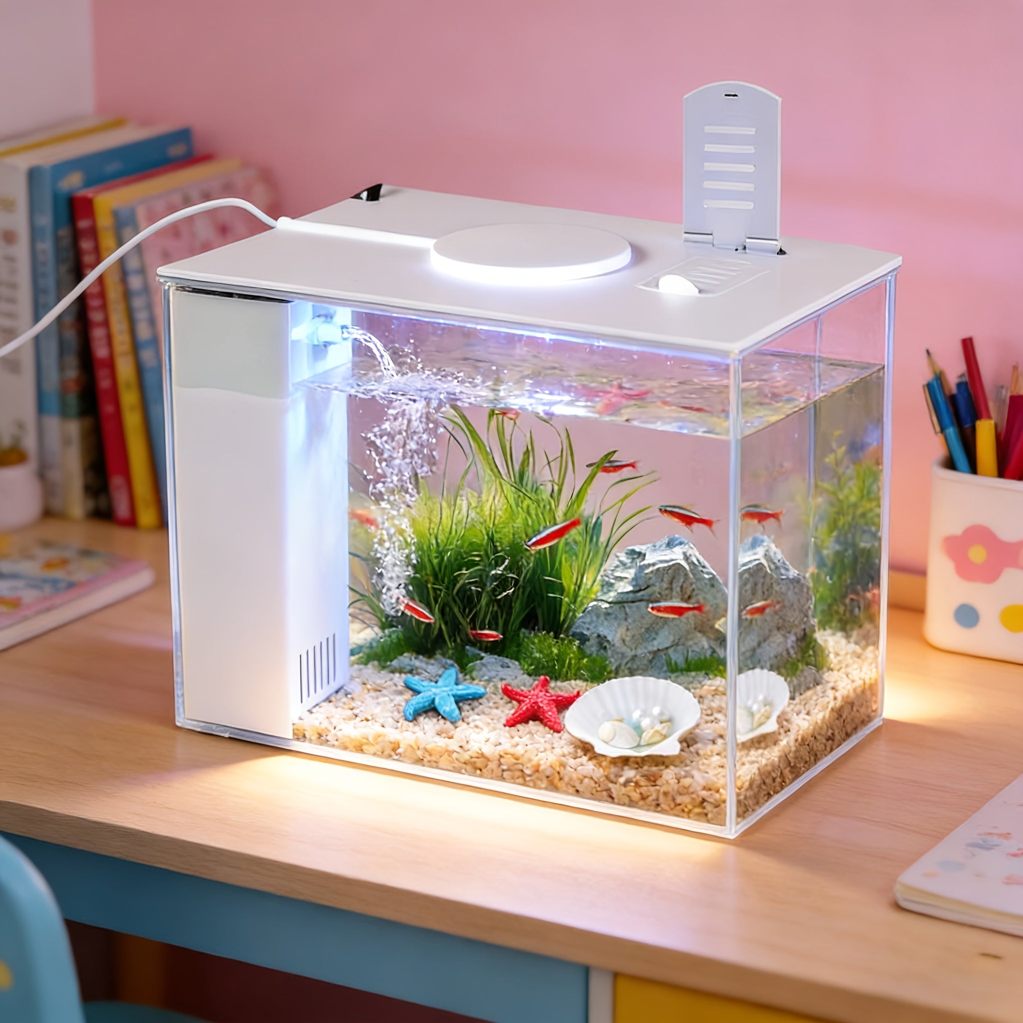 Smart LED Aquarium Kit - Featuring a USB Charging Port And Cleaning Technology, Suitable for Small Fish Tanks in Homes, Bedrooms, And Office Desks, Equipped with a Water Pump, Aquarium Light, And Resin Decorative Ornaments