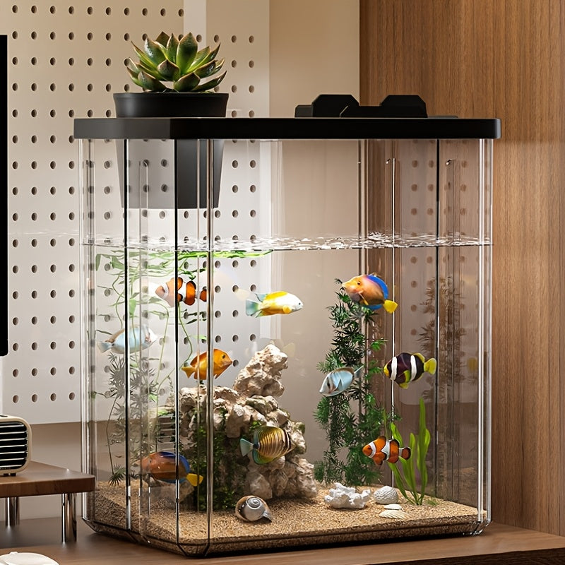 Black\u002FWhite Transparent Acrylic All-in-One Indoor Aquarium Fish Tank with Detachable Hydroponic Planter & Phone Holder Lid, Feeding Hole, Water Plant Basket for Home Office Decor