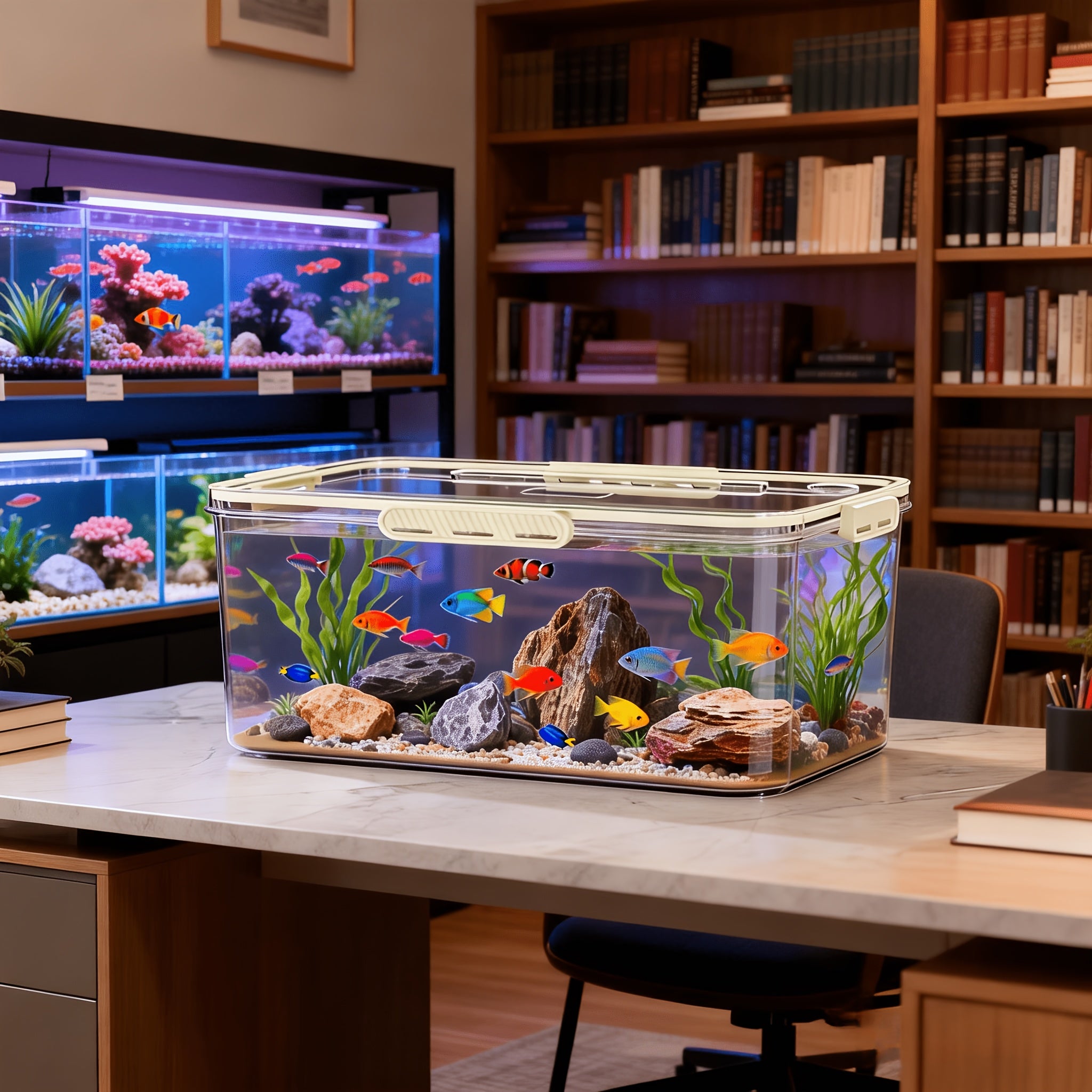 Multi-Functional High-Transparency Aquarium – Small Fish Tank with Sealed Beige Lid, Multi-Size Desktop Tank for Home Office, Space-Saving for Small Fish Reptiles Hamsters, Durable Pet Tank for Desktop Decor & Pet Keeping