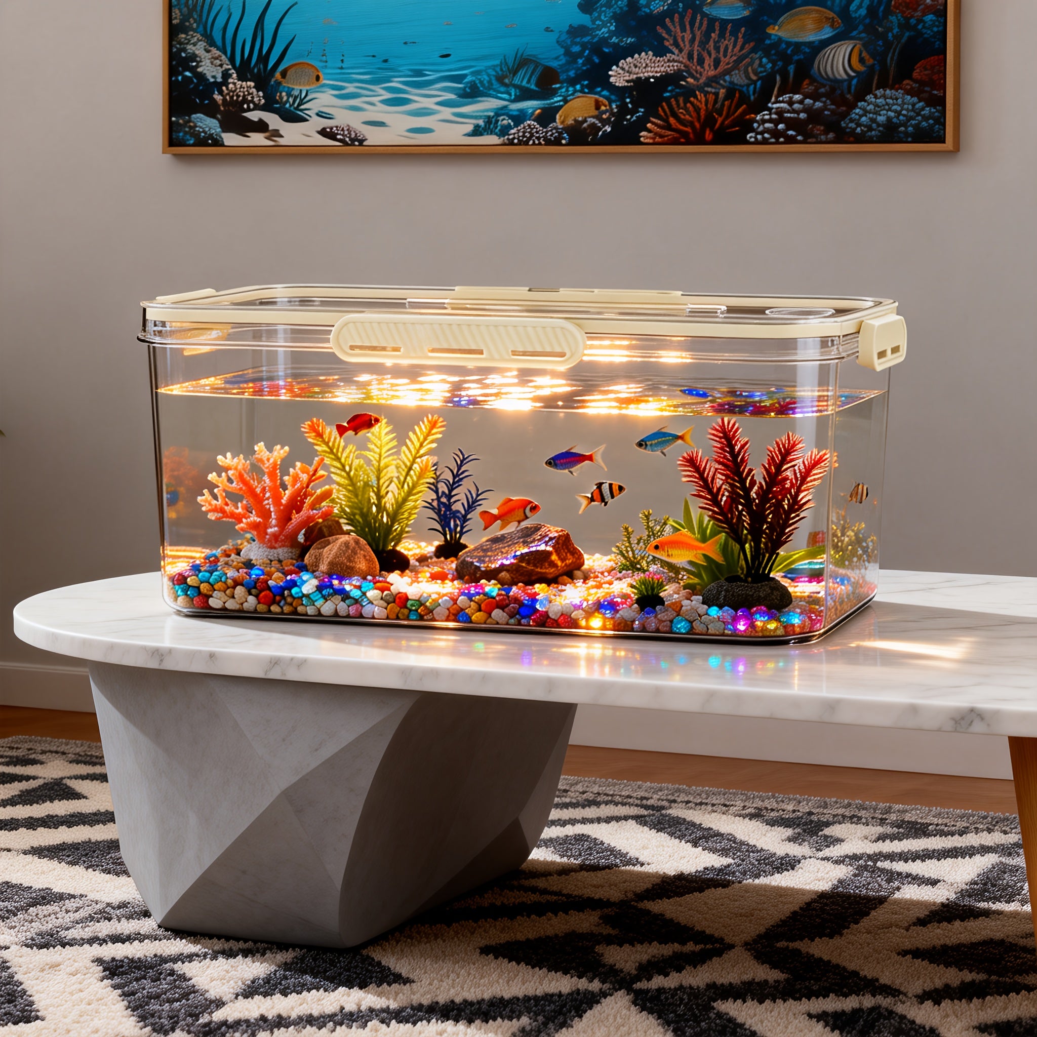 Multi-Functional High-Transparency Aquarium – Small Fish Tank with Sealed Beige Lid, Multi-Size Desktop Tank for Home Office, Space-Saving for Small Fish Reptiles Hamsters, Durable Pet Tank for Desktop Decor & Pet Keeping