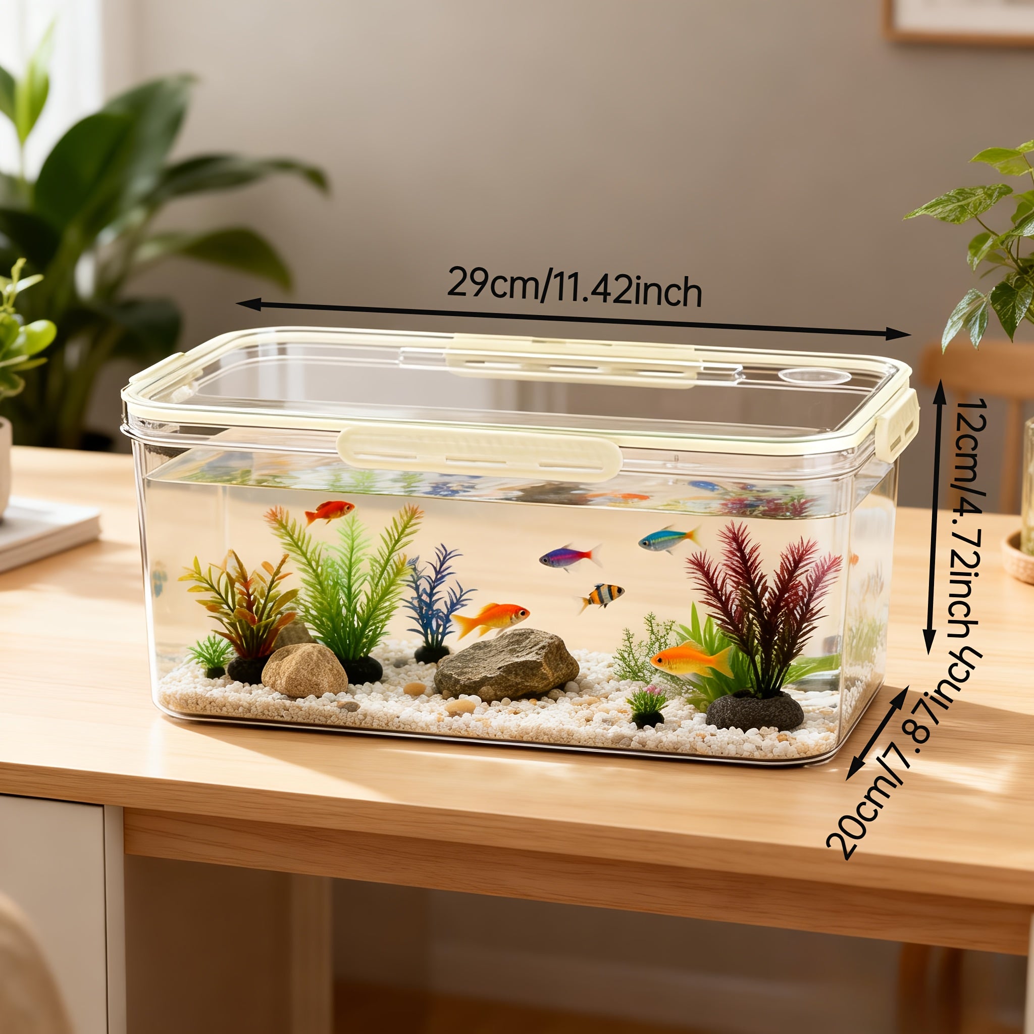 Multi-Functional High-Transparency Aquarium – Small Fish Tank with Sealed Beige Lid, Multi-Size Desktop Tank for Home Office, Space-Saving for Small Fish Reptiles Hamsters, Durable Pet Tank for Desktop Decor & Pet Keeping