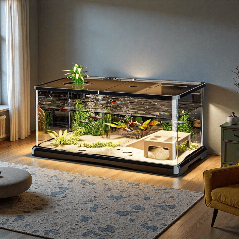 A Large Transparent Square Fish Tank with a Lid, Featuring a Sturdy Rectangular Structure And Sealed Edges. The Open Top Allows for Easy Cleaning, Making It Suitable for Raising Ornamental Fish, Turtles, And Aquatic Plants