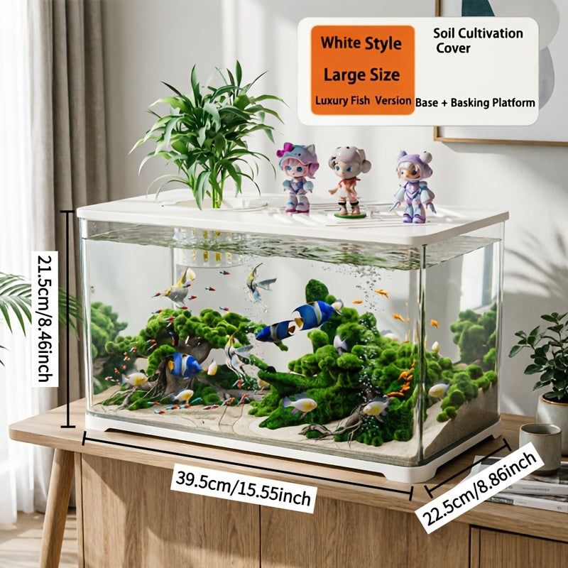 Life Declaration Dual-Color Black\u002FWhite Transparent Aquarium & Turtle Tank with Sunbathing Platform & Plant Pot - Multifunctional Fish Tank Suitable for Betta Fish, Goldfish, Turtles, Reptiles Habitat, Compact for Small Pets, Plantable Ecosystem